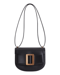 Black BOYY SADDLE bag made of palmellato calfskin leather, with a structured saddle-shaped silhouette, flap closure, adjustable shoulder-to-crossbody strap, and signature oversized buckle