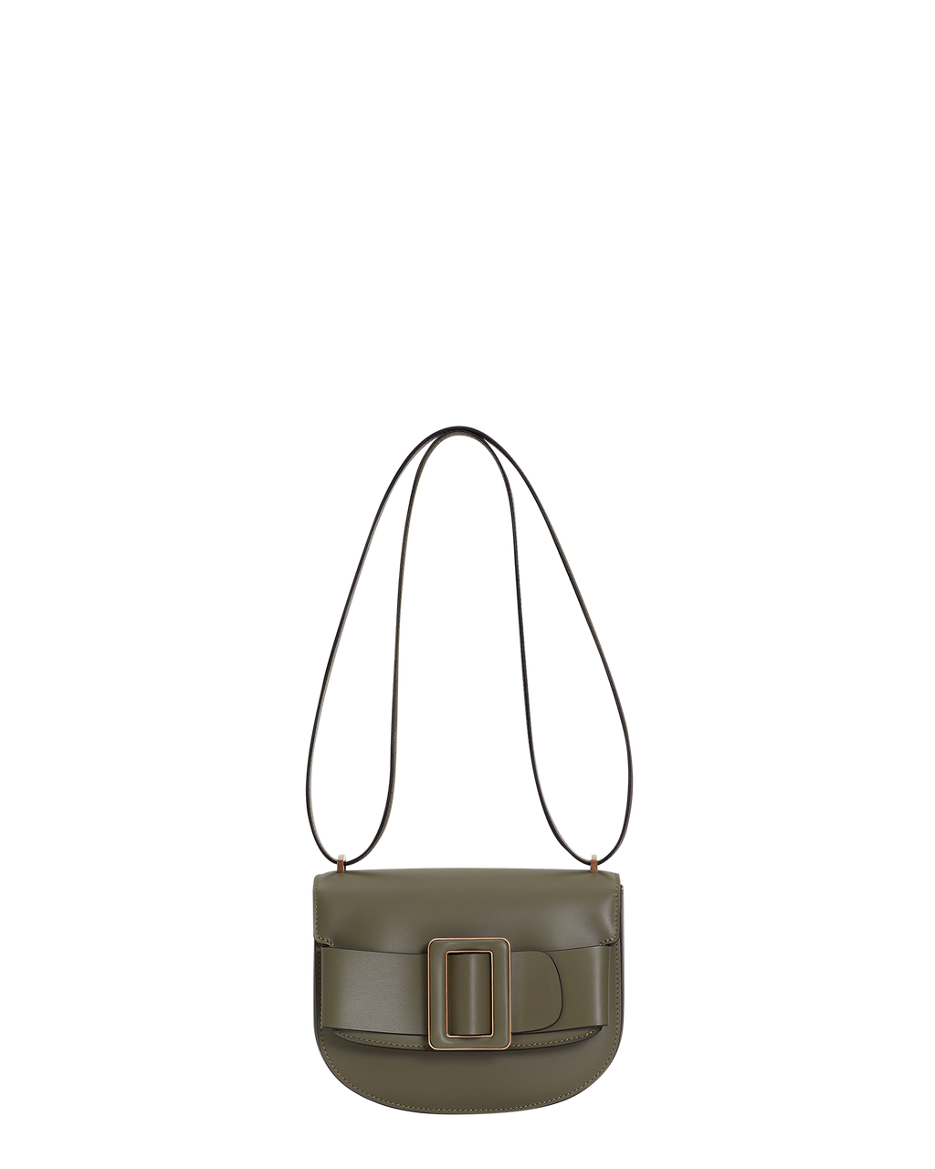Kalamata green BOYY SADDLE bag made of palmellato calfskin leather, with a structured saddle-shaped silhouette, flap closure, adjustable shoulder-to-crossbody strap, and signature oversized buckle