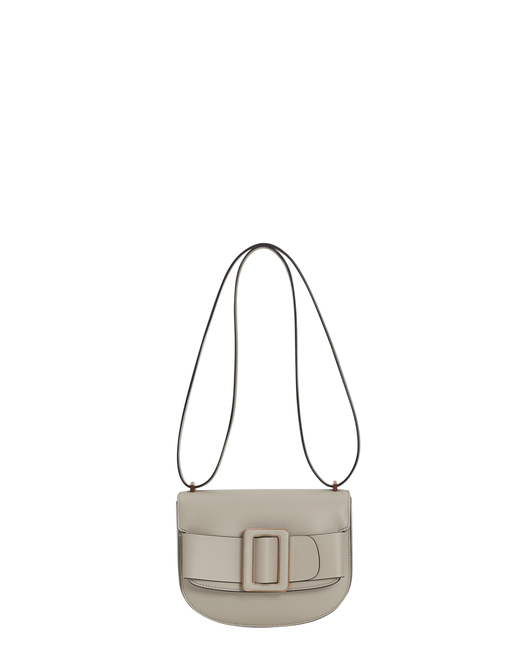 Tortora beige BOYY SADDLE bag made of palmellato calfskin leather, with a structured saddle-shaped silhouette, flap closure, adjustable shoulder-to-crossbody strap, and signature oversized buckle