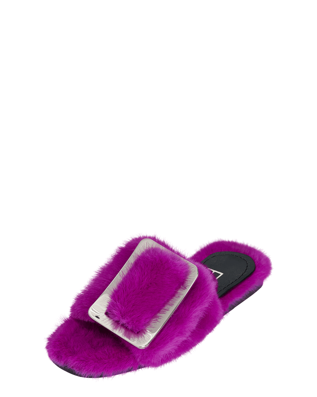Sandal with oversized buckle and belt. Minky upper and insole.