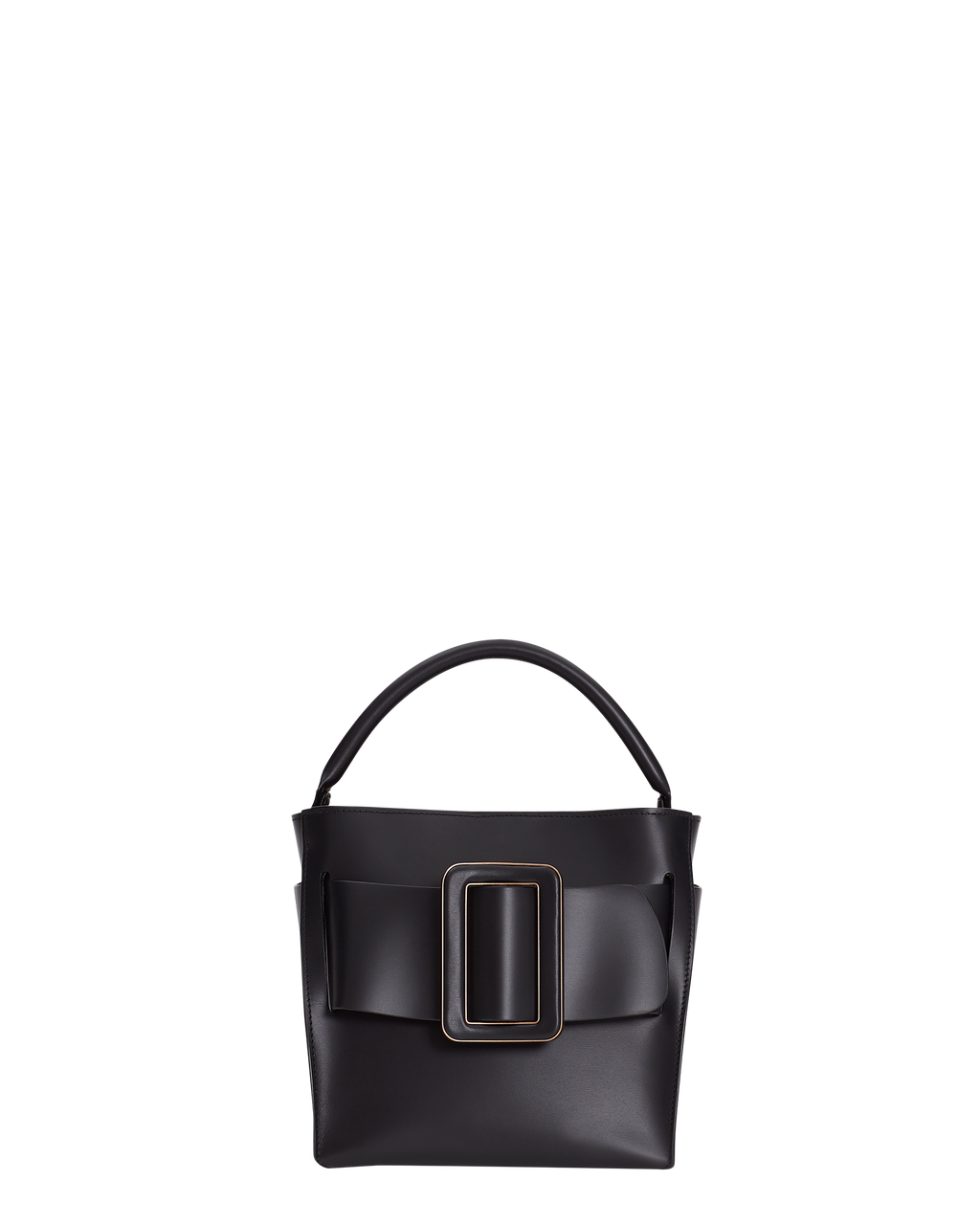 Black BOYY DEVON 21 bucket bag made of palmellato calfskin leather. Structured boxy silhouette with signature oversized belt with buckle. Detachable top handle and shoulder strap