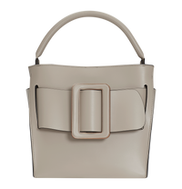Tortora beige BOYY DEVON 21 bucket bag made of palmellato calfskin leather. Structured boxy silhouette with signature oversized belt with buckle. Detachable top handle and shoulder strap