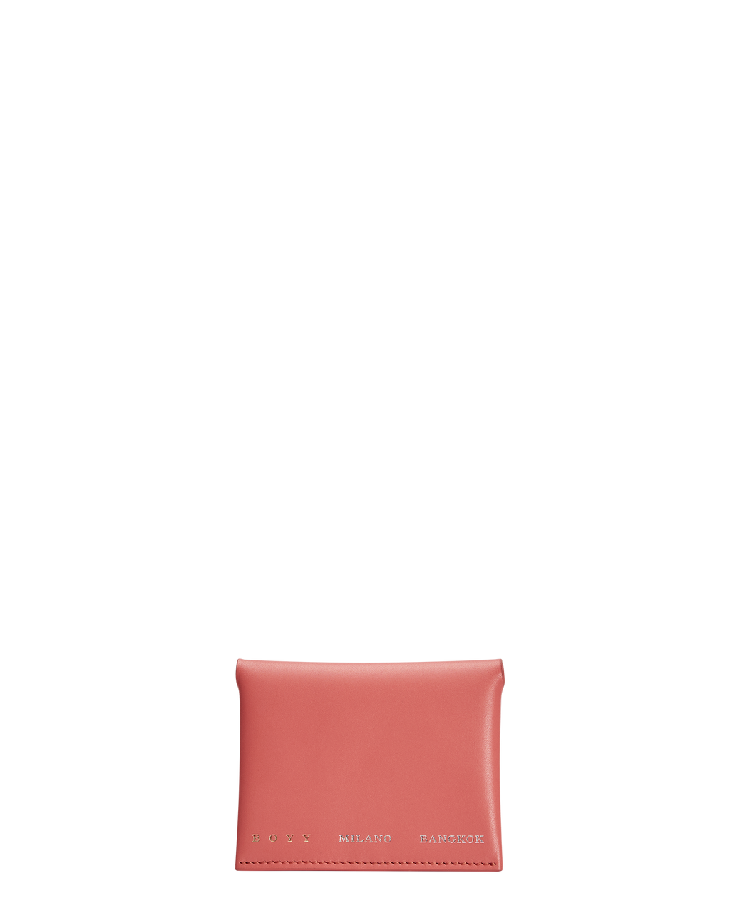 A coral red box calf leather card holder with grey goat skin lining, featuring two internal slots and a snap closure, made from a single piece pattern. The text “BOYY MILANO BANGKOK” is embossed in gold and silver on the front