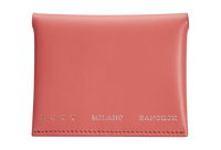 A coral red box calf leather card holder with grey goat skin lining, featuring two internal slots and a snap closure, made from a single piece pattern. The text “BOYY MILANO BANGKOK” is embossed in gold and silver on the front
