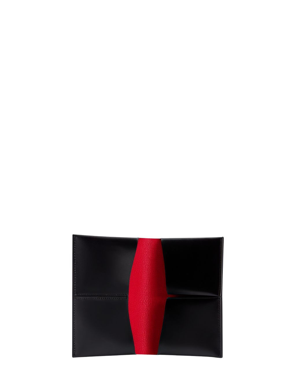 Black box calf leather passport case with lychee red goat skin lining, four internal slots, and a seamless single-piece design. The text “BOYY MILANO BANGKOK” is embossed in gold and silver on the front