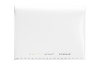 Glacier white box calf leather passport case with brown goat skin lining, four internal slots, and a seamless single-piece design. The text “BOYY MILANO BANGKOK” is embossed in gold and silver on the front