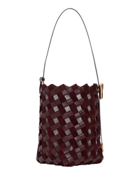 Bordeaux gaucho burgundy BOYY YY woven 19 bucket bag, made of woven calfskin and suede, with a structured silhouette, featuring signature brass Y hardware on the side and an adjustable shoulder-to-crossbody strap