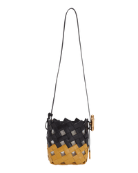 Amber black BOYY YY woven bucket bag, made of woven calfskin and suede, with a structured silhouette, featuring signature brass Y hardware on the side and an adjustable shoulder-to-crossbody strap