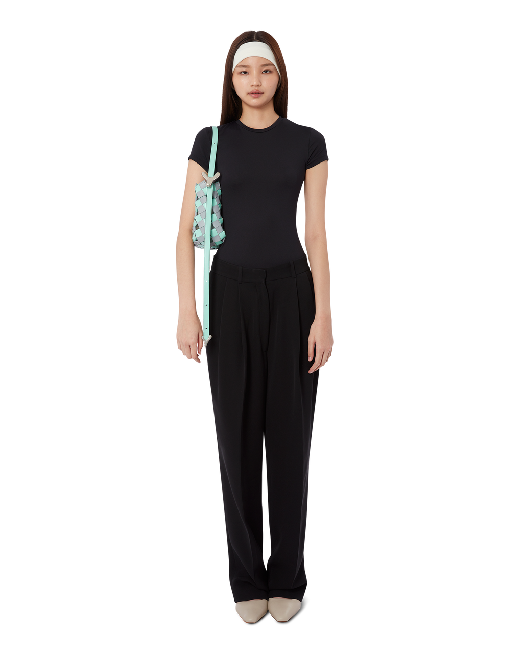 Mint mist grey BOYY YY woven bucket bag, made of woven calfskin and suede, with a structured silhouette, featuring signature brass Y hardware on the side and an adjustable shoulder-to-crossbody strap on model