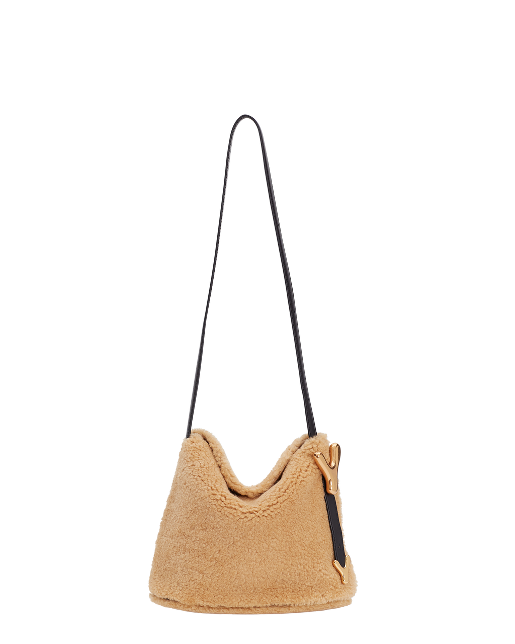 Cream BOYY YY SAC made of shearling with calfskin suede lining, slouchy hobo silhouette, featuring a flap closure with signature brass Y hardware and an adjustable shoulder-to-crossbody strap