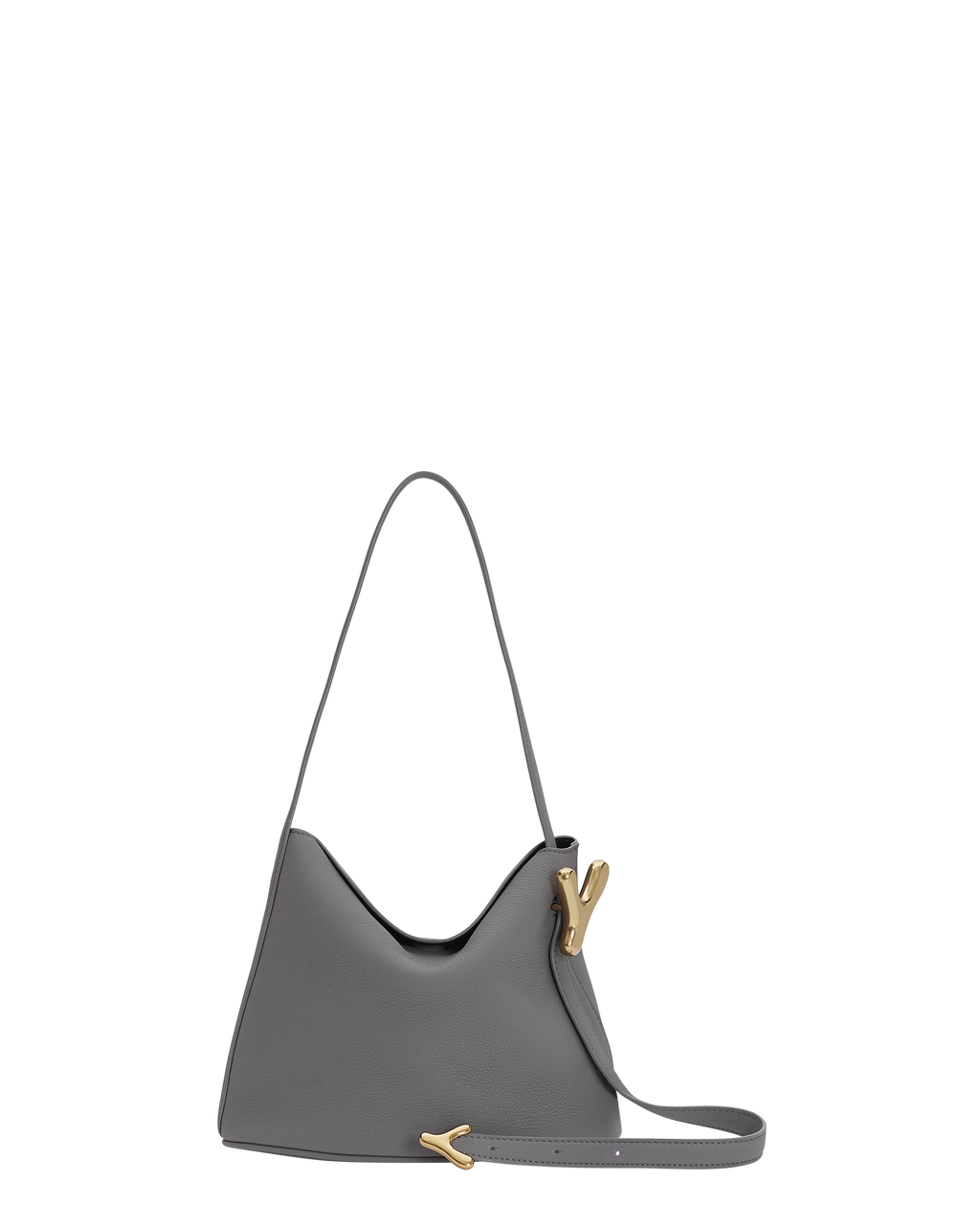 Gris grey BOYY YY SAC tundra made of supple pebbled calfskin with matte finish, slouchy hobo silhouette, featuring a flap closure with signature brass Y hardware and an adjustable shoulder-to-crossbody strap