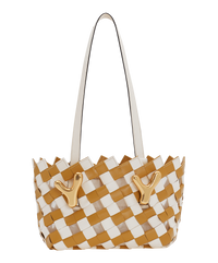 Amber yellow BOYY YY West 23 woven tote made of woven calfskin leather, with a rectangular silhouette, featuring signature brass Y hardware on both sides and adjustable shoulder handles