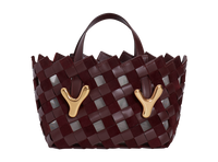 Bordeaux gaucho burgundy BOYY YY West 23 woven tote made of woven calfskin leather, with a rectangular silhouette, featuring signature brass Y hardware on both sides and adjustable shoulder handles