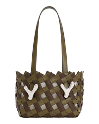 Caperi Khaki Brown BOYY YY West 23 woven tote made of woven calfskin leather, with a rectangular silhouette, featuring signature brass Y hardware on both sides and adjustable shoulder handles