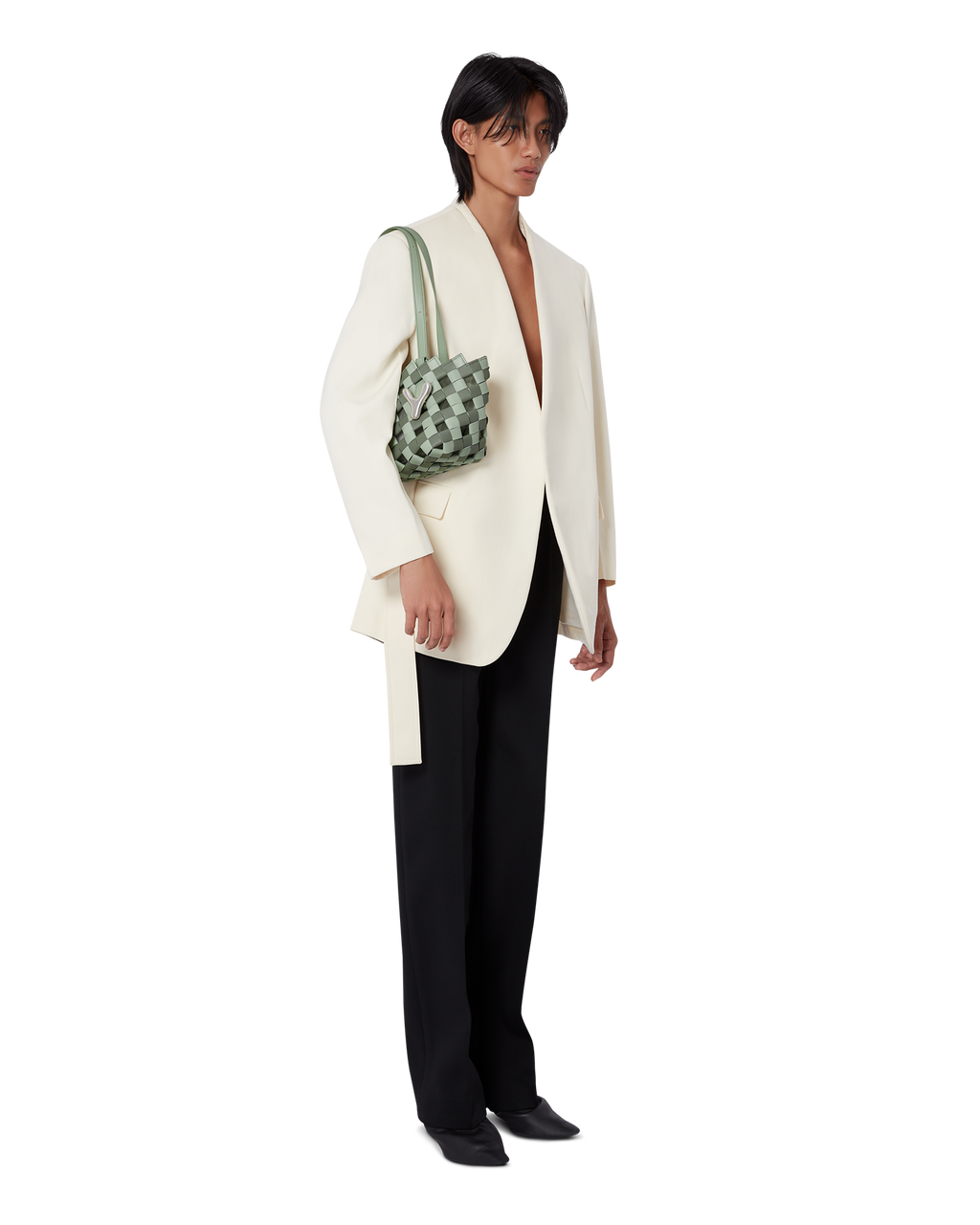 Celadon pistachio green BOYY YY West 23 woven tote made of woven calfskin leather, with a rectangular silhouette, featuring signature brass Y hardware on both sides and adjustable shoulder handles on model