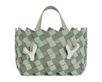 Celadon pistachio green BOYY YY West 23 woven tote made of woven calfskin leather, with a rectangular silhouette, featuring signature brass Y hardware on both sides and adjustable shoulder handles