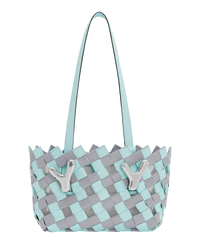 Mint mist grey green BOYY YY West 23 woven tote made of woven calfskin leather, with a rectangular silhouette, featuring signature brass Y hardware on both sides and adjustable shoulder handles