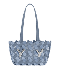 Muted Blue BOYY YY West 23 woven tote made of woven calfskin leather, with a rectangular silhouette, featuring signature brass Y hardware on both sides and adjustable shoulder handles
