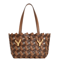 Caramel sesame brown BOYY YY West 26 woven tote made of woven calfskin leather, with a rectangular silhouette, featuring signature brass Y hardware on both sides and adjustable shoulder handles