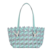 Mint mist grey BOYY YY West 26 woven tote made of woven calfskin leather, with a rectangular silhouette, featuring signature brass Y hardware on both sides and adjustable shoulder handles