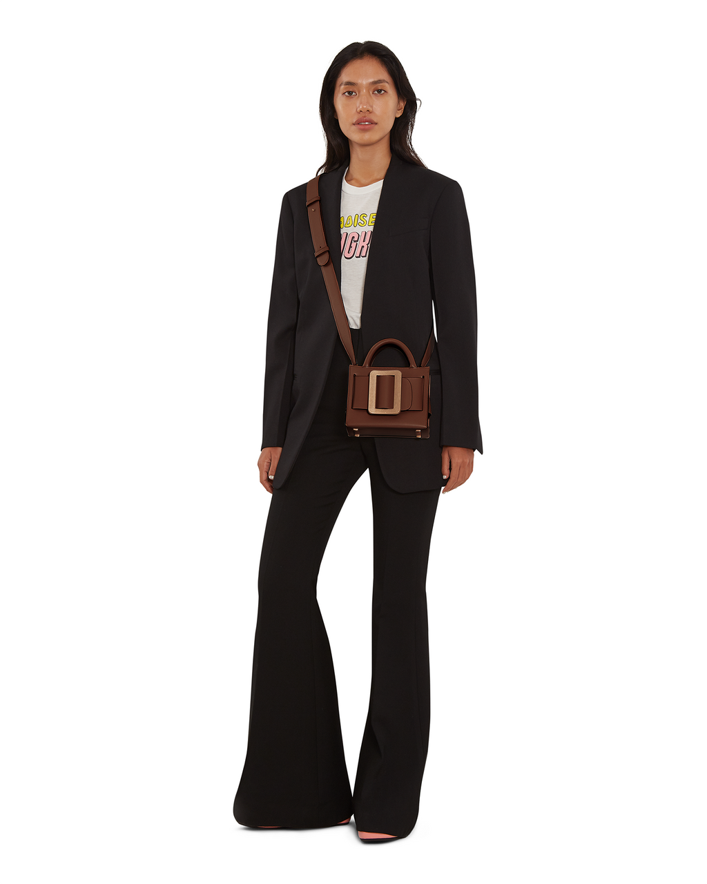 Cuoio brown BOYY BOBBY 18 handbag crafted from palmellato calfskin leather with suede lining. Features a structured silhouette, detachable shoulder strap, and an oversized belt and buckle closure on model