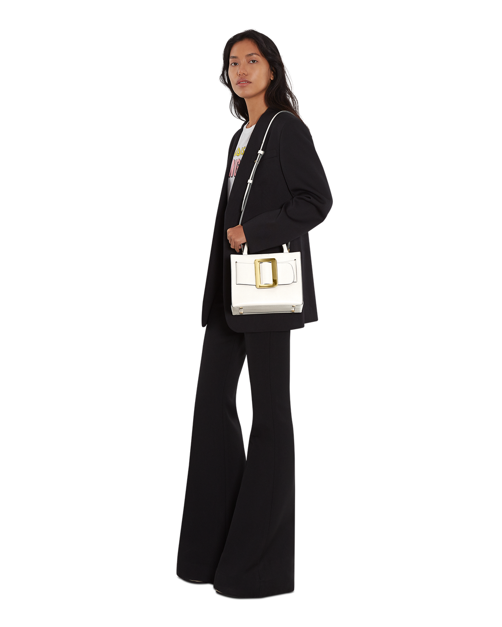 Blanco white BOYY BOBBY 23 handbag crafted from epsom calfskin leather with suede lining. Features a structured silhouette, detachable shoulder strap, and an oversized brass buckle closure on model