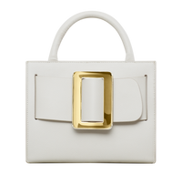 Blanco white BOYY BOBBY 23 handbag crafted from epsom calfskin leather with suede lining. Features a structured silhouette, detachable shoulder strap, and an oversized brass buckle closure