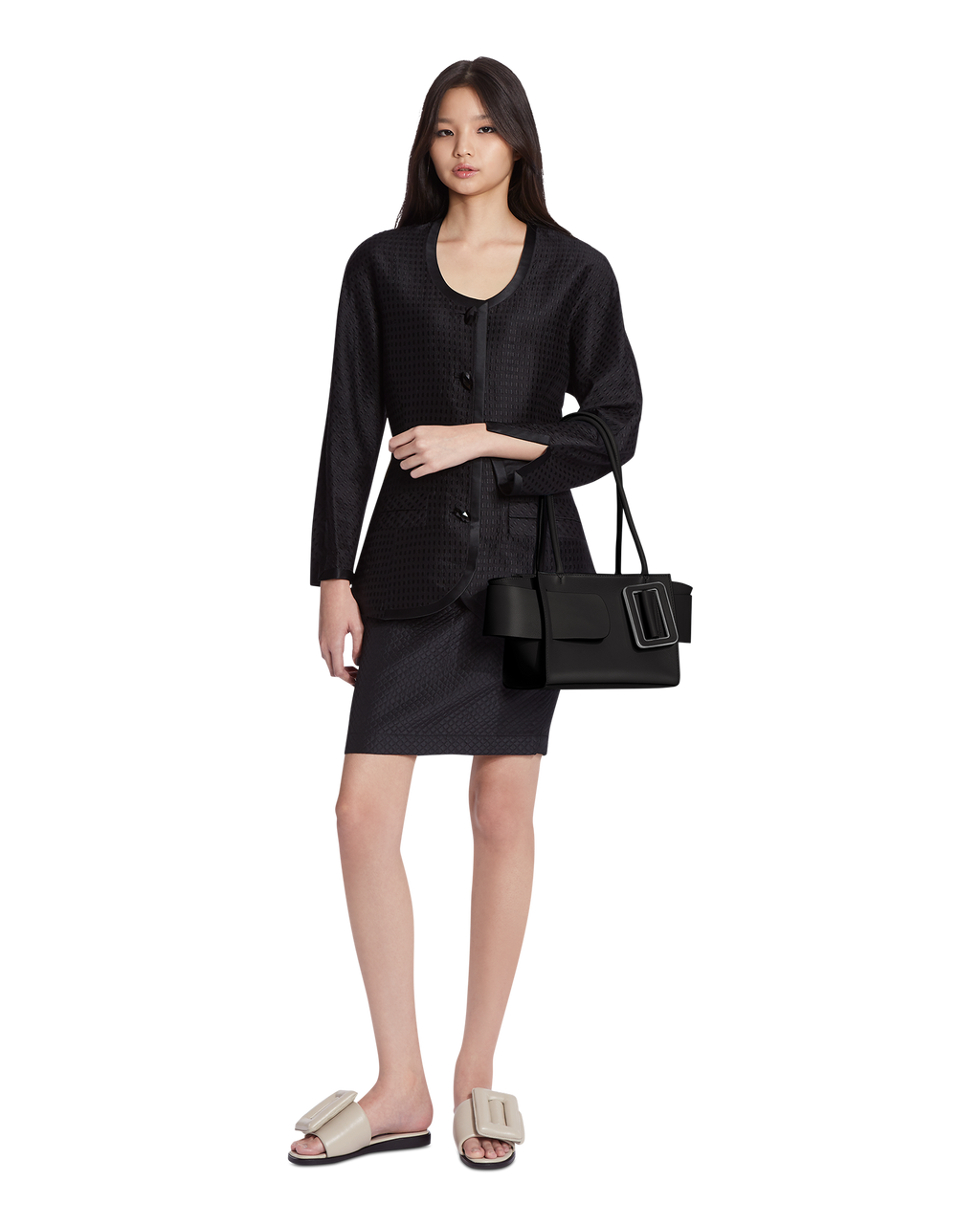 Black BOYY BOBBY soft 23 luxury handbag made of calfskin leather with fine-grain calfskin lining. Features a relaxed, modern silhouette, extended over the shoulder handles with an oversized belt, buckle, and zipper closure on model