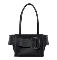 Black BOYY BOBBY soft 23 luxury handbag made of calfskin leather with fine-grain calfskin lining. Features a relaxed, modern silhouette, extended over the shoulder handles with an oversized belt, buckle, and zipper closure