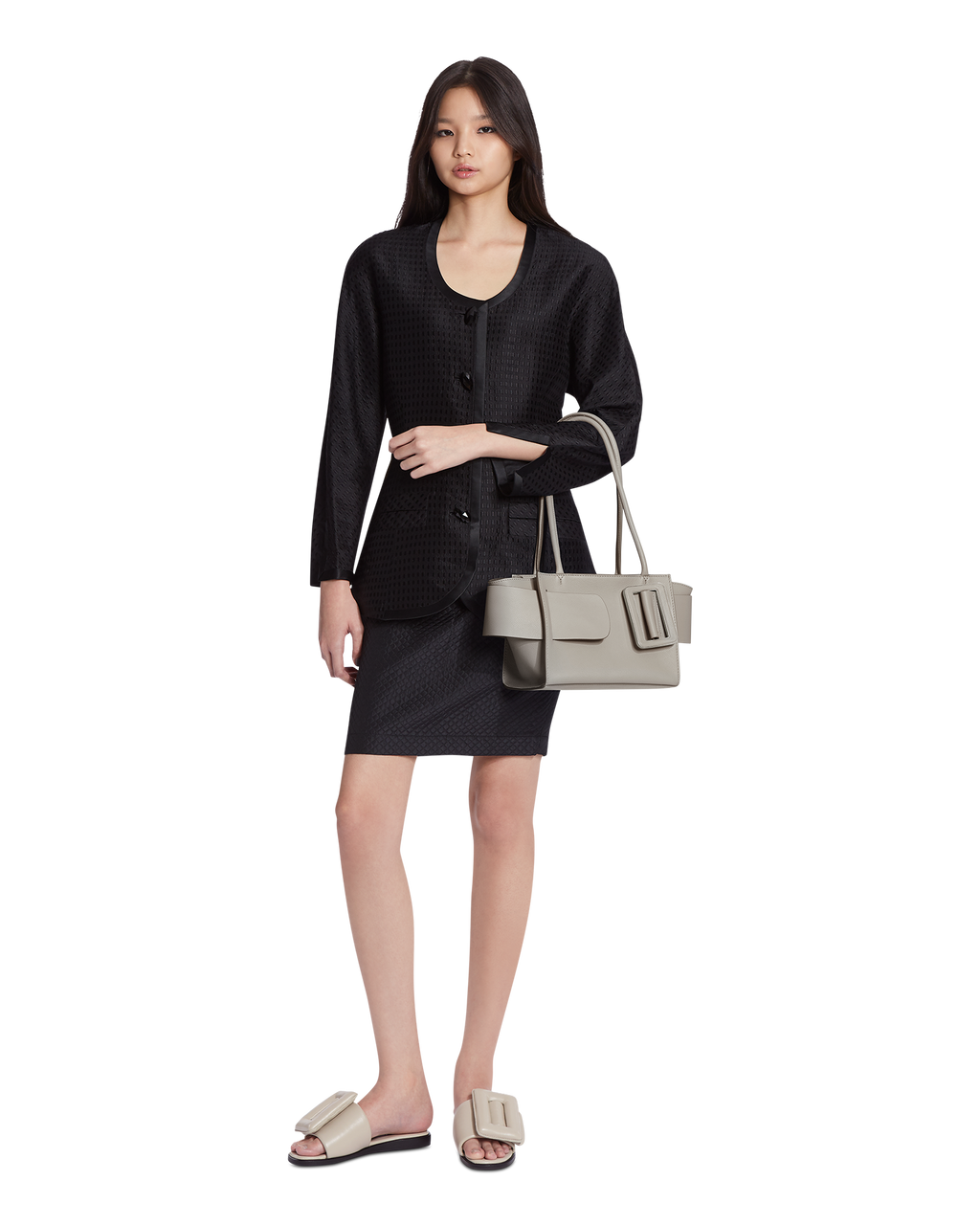 Gres beige BOYY BOBBY soft 23 luxury handbag made of fine-grain calfskin leather with calfskin suede lining. Features a relaxed, modern silhouette, extended over the shoulder handles with an oversized belt, buckle, and zipper closure on model
