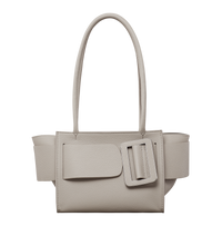 Gres beige BOYY BOBBY soft 23 luxury handbag made of fine-grain calfskin leather with calfskin suede lining. Features a relaxed, modern silhouette, extended over the shoulder handles with an oversized belt, buckle, and zipper closure