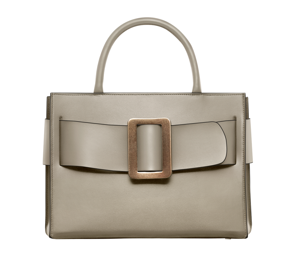 Tortora BOYY BOBBY 32 Power Bag handbag crafted from palmellato calfskin leather with suede lining. Features a structured silhouette, detachable shoulder strap, and an oversized belt and buckle closure