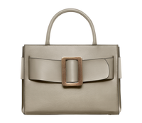 Tortora BOYY BOBBY 32 Power Bag handbag crafted from palmellato calfskin leather with suede lining. Features a structured silhouette, detachable shoulder strap, and an oversized belt and buckle closure