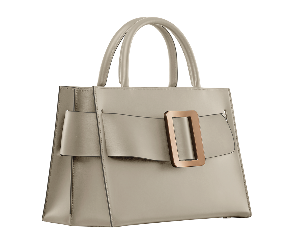 Tortora BOYY BOBBY 32 Power Bag handbag crafted from palmellato calfskin leather with suede lining. Features a structured silhouette, detachable shoulder strap, and an oversized belt and buckle closure 3/4