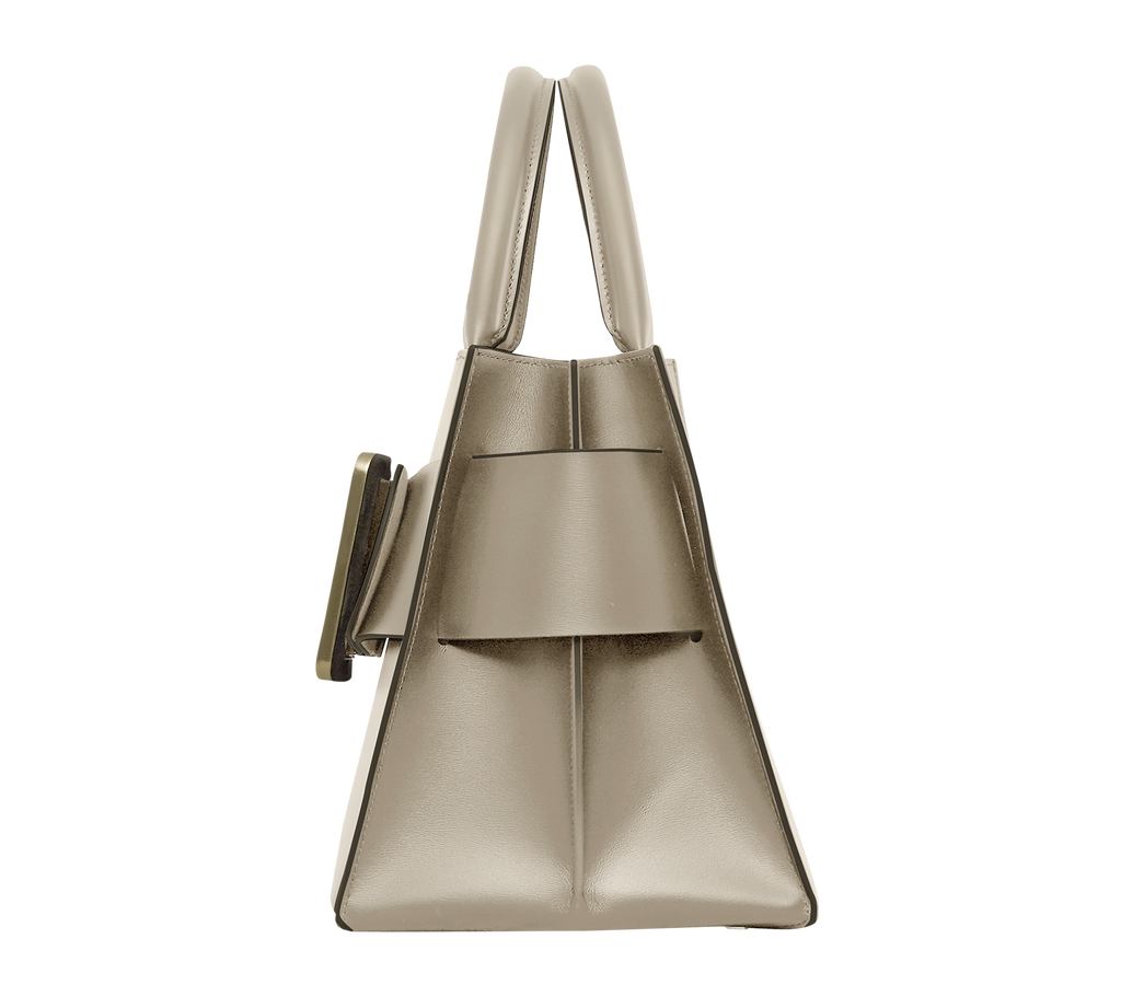 Tortora BOYY BOBBY 32 Power Bag handbag crafted from palmellato calfskin leather with suede lining. Features a structured silhouette, detachable shoulder strap, and an oversized belt and buckle closure side