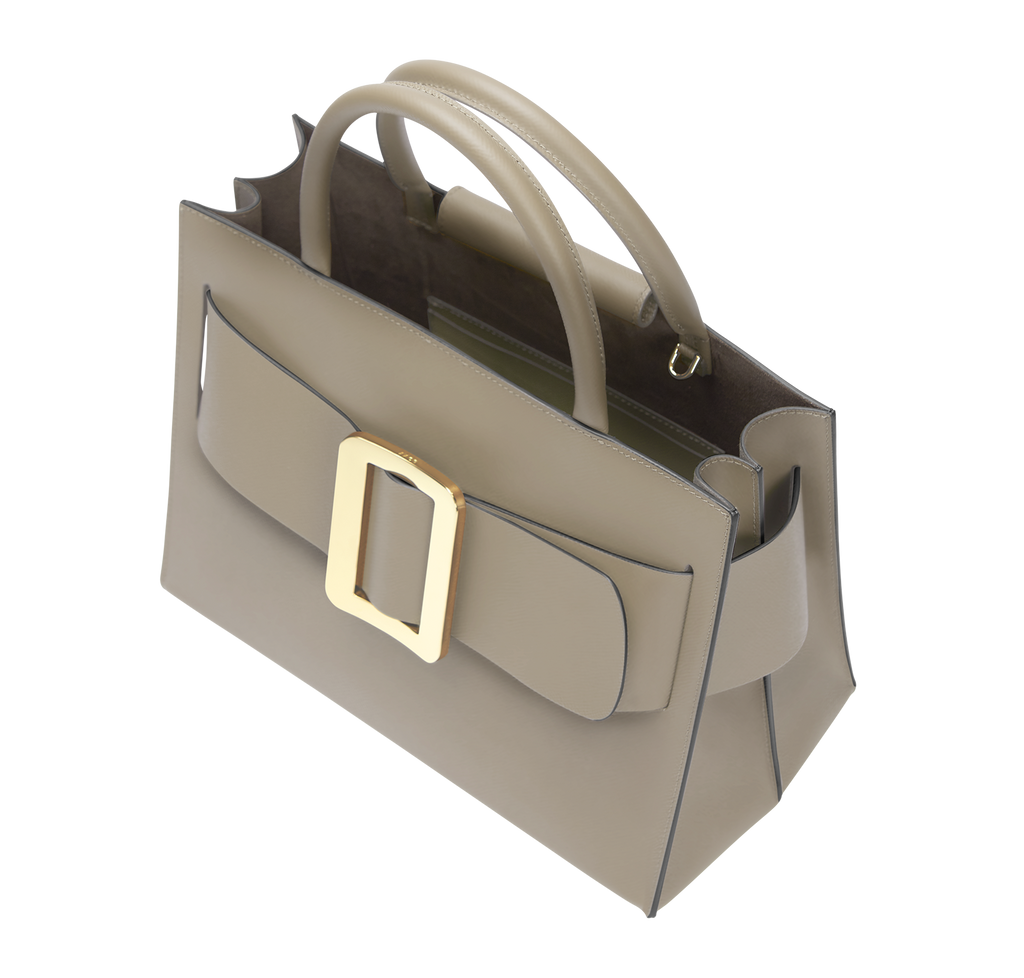 Tortora BOYY BOBBY 32 Power Bag handbag crafted from palmellato calfskin leather with suede lining. Features a structured silhouette, detachable shoulder strap, and an oversized belt and buckle closure 3/4 top