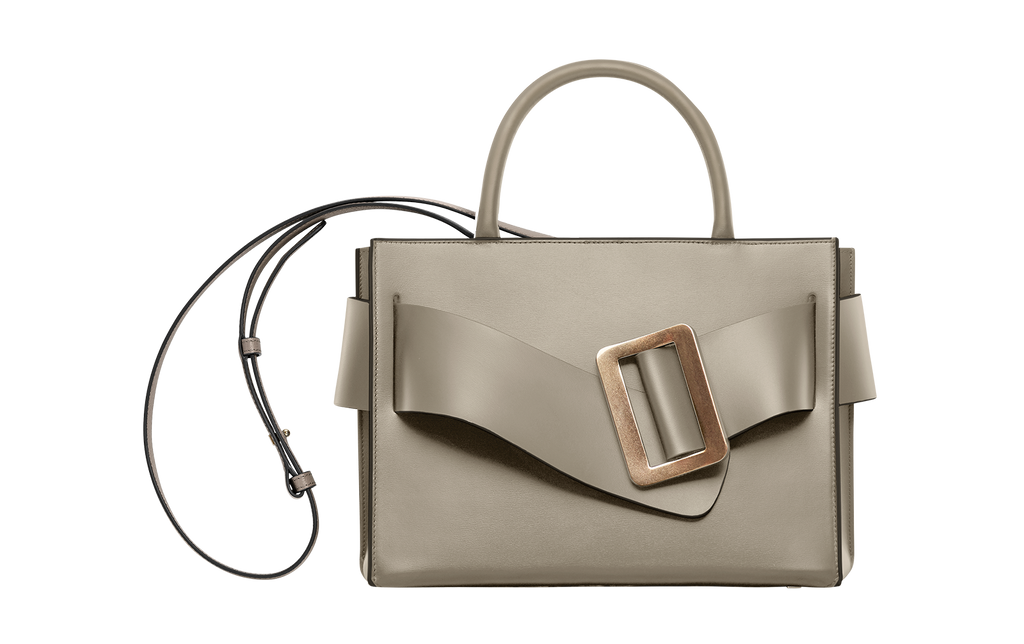 Tortora BOYY BOBBY 32 Power Bag handbag crafted from palmellato calfskin leather with suede lining. Features a structured silhouette, detachable shoulder strap, and an oversized belt and buckle closure