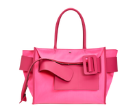 Neon pink BOYY BOBBY inside-out soft luxury handbag made of econyl nylon with calfskin leather. Features a relaxed, modern silhouette with an oversized belt, buckle, and zipper closure