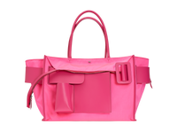 Neon pink BOYY BOBBY weekend inside-out soft luxury handbag made of econyl nylon with calfskin leather. Features a relaxed, modern silhouette with an oversized belt, buckle, and zipper closure