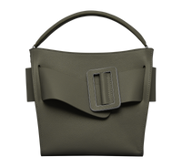 Hojicha green BOYY DEVON 23 soft bag made of grain calfskin leather. Structured boxy silhouette with signature oversized belt with buckle. Detachable top handle and shoulder strap