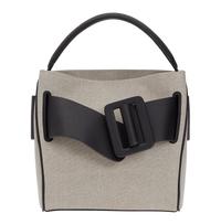 Natural black BOYY DEVON 23 soft bag made of canvas. Structured boxy silhouette with signature oversized belt with buckle. Detachable top handle and shoulder strap