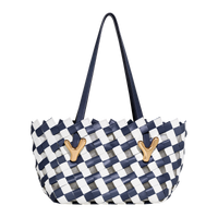 Birch marine blue BOYY YY West 26 woven tote made of woven calfskin leather, with a rectangular silhouette, featuring signature brass Y hardware on both sides and adjustable shoulder handles